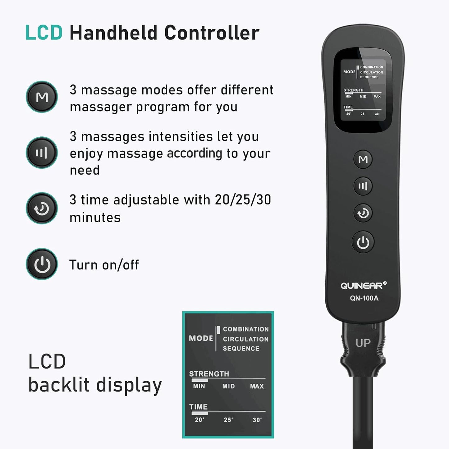QUINEAR LCD controller close-up - 3 modes, 3 intensities, timer settings display