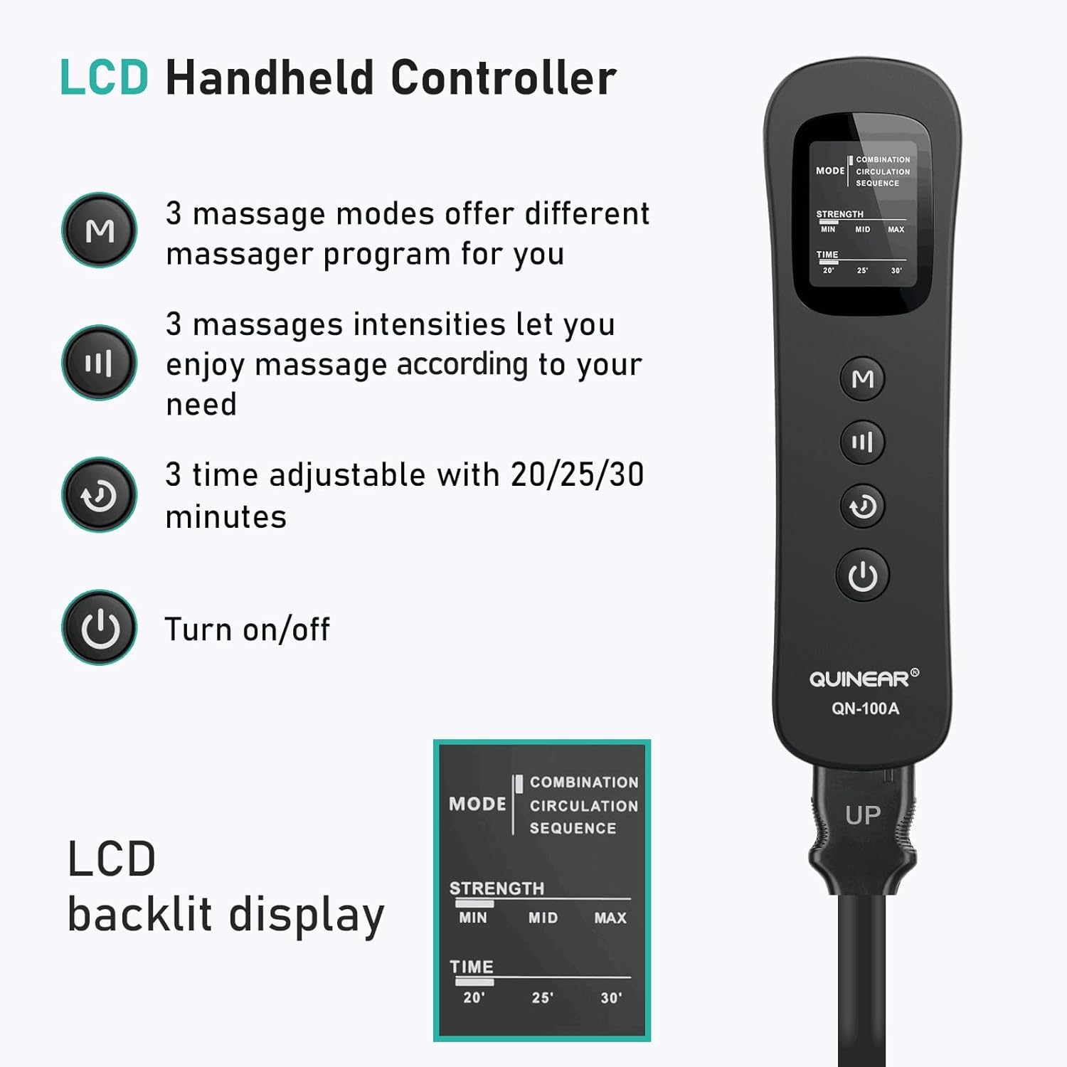 QUINEAR LCD controller close-up - 3 modes, 3 intensities, timer settings display