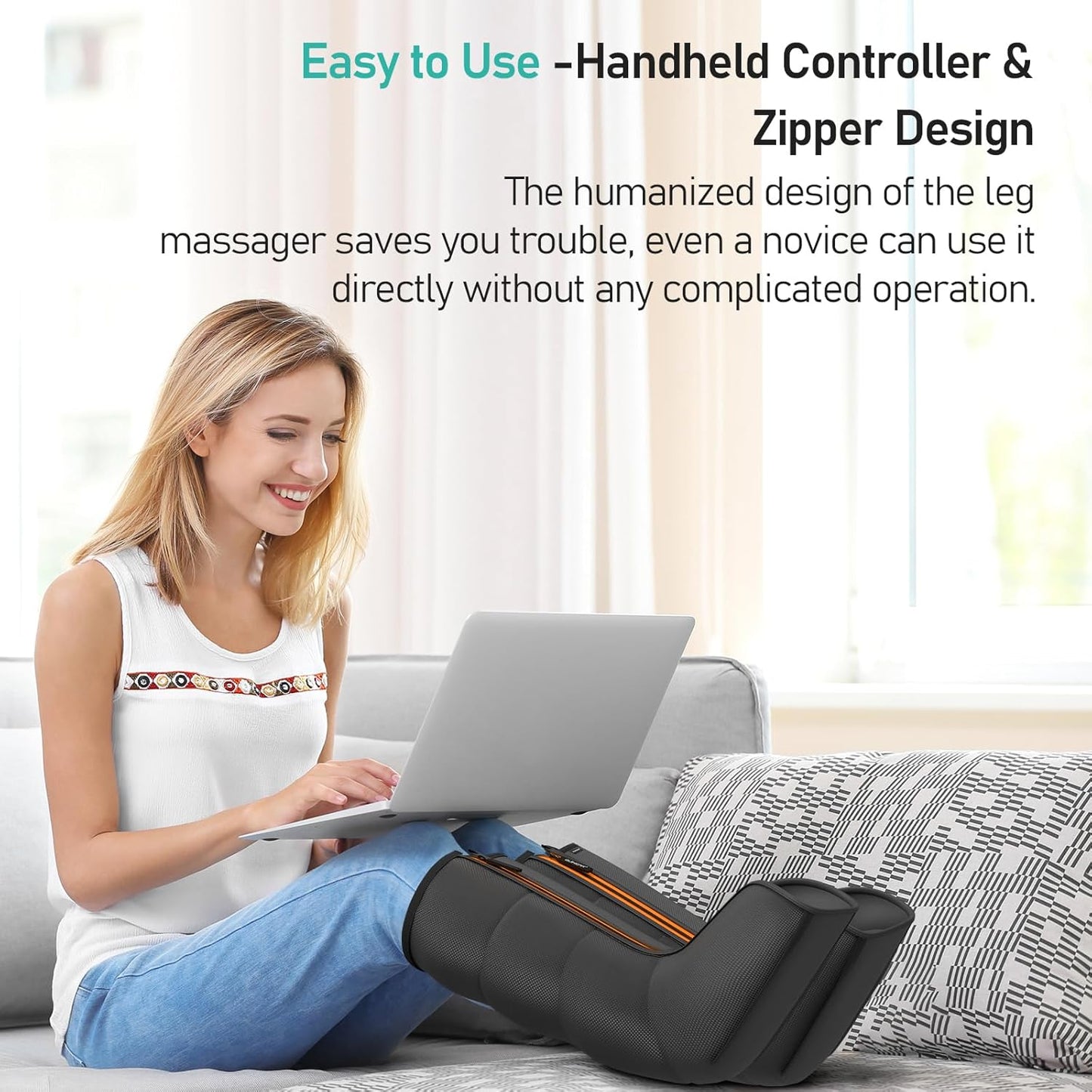Easy to use QUINEAR leg massager with handheld controller and zipper design