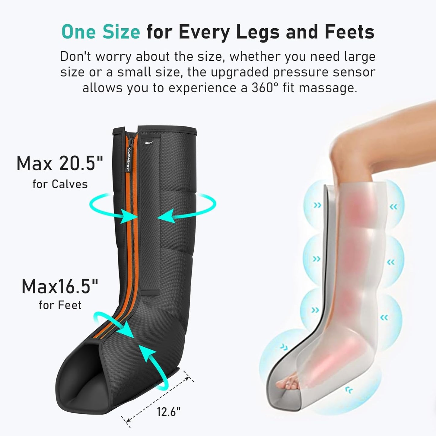 QUINEAR leg massager sizing guide - fits up to 20.5 inch calves and 16.5 inch feet