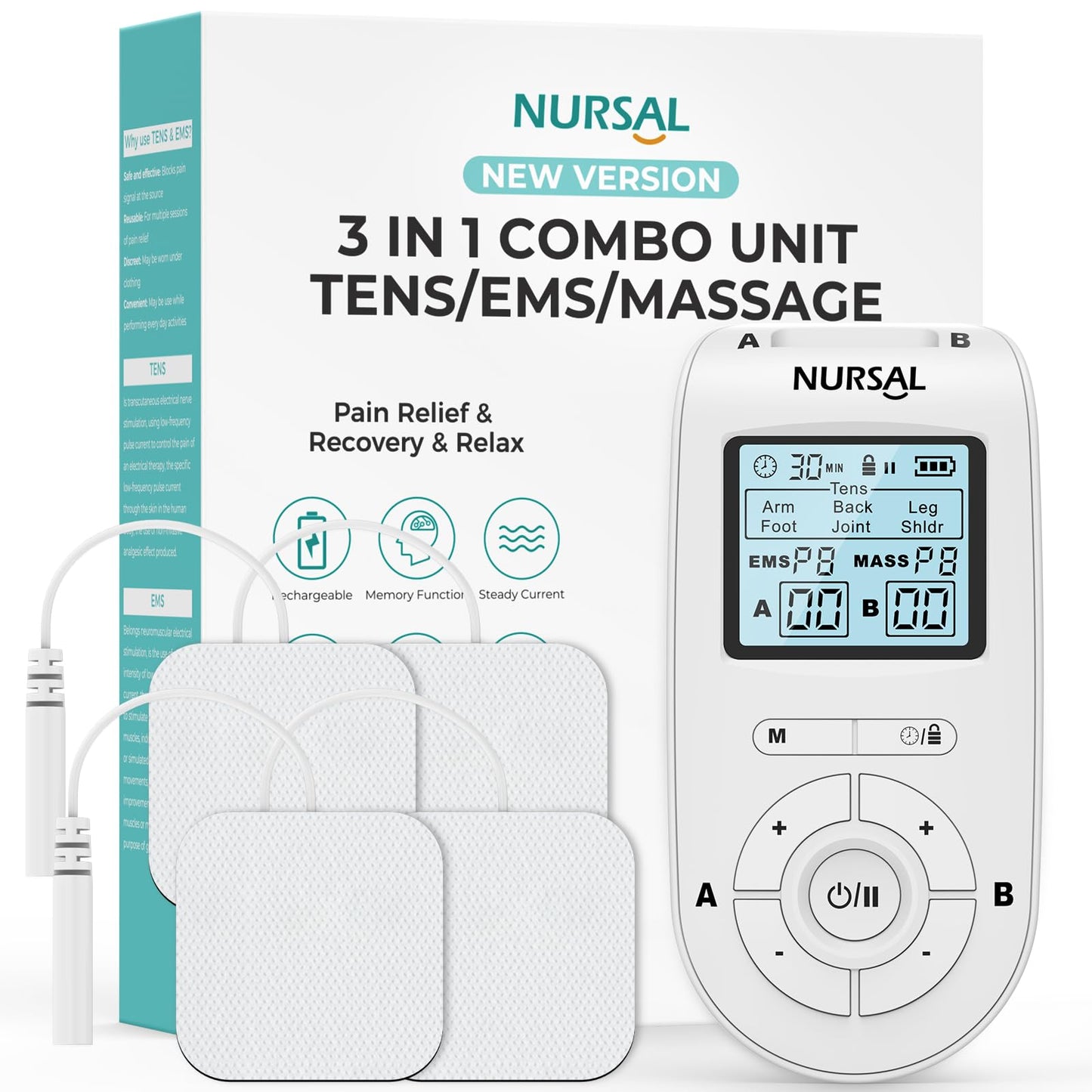 NURSAL 3-in-1 TENS Unit Muscle Stimulator