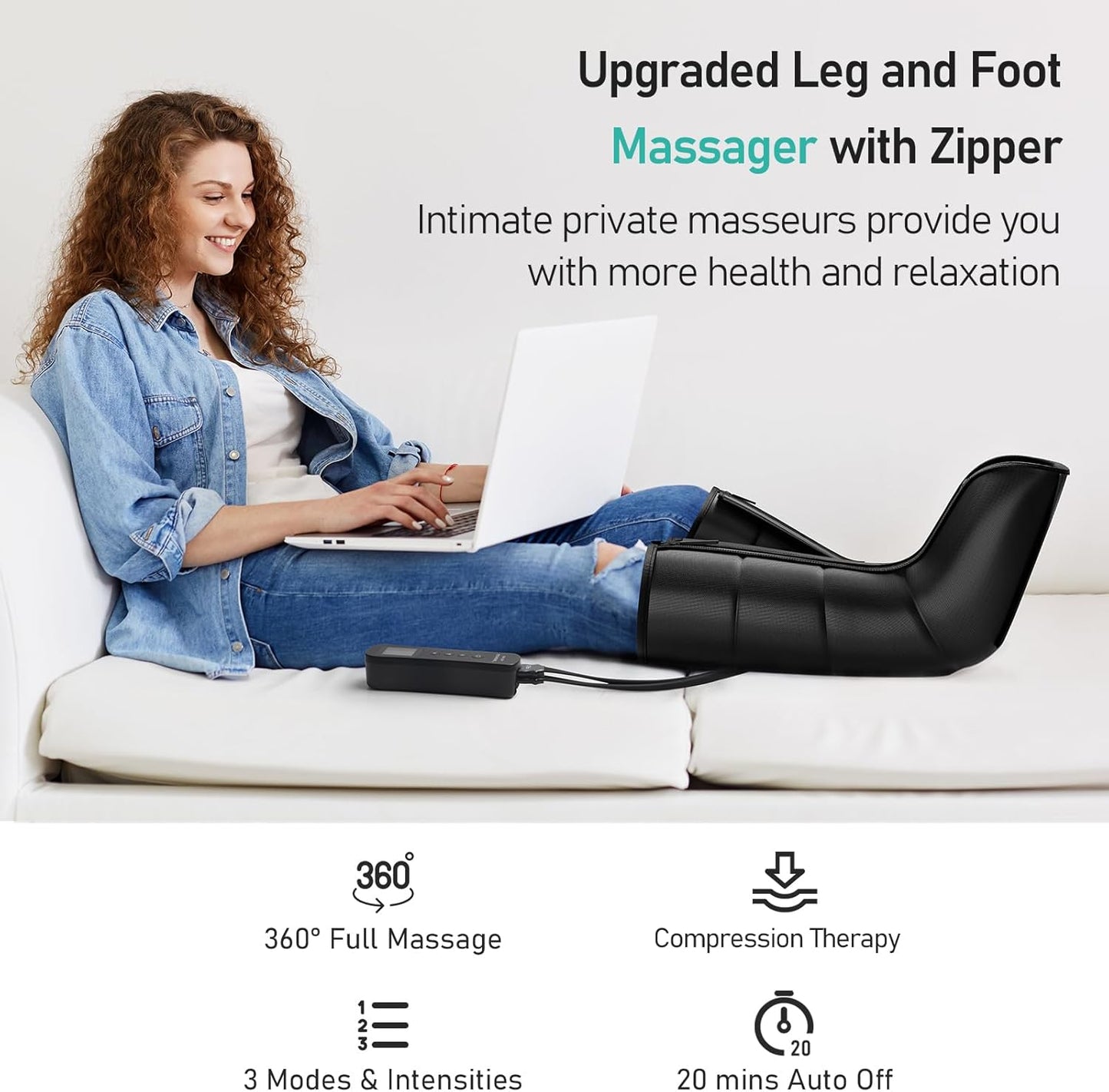 Woman using QUINEAR leg massager on couch - 360° massage, compression therapy, 3 modes