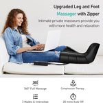 Woman using QUINEAR leg massager on couch - 360° massage, compression therapy, 3 modes
