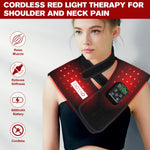 Cordless red light therapy wrap for shoulder and neck pain - woman wearing device showing muscle relaxation and stiffness relief benefits