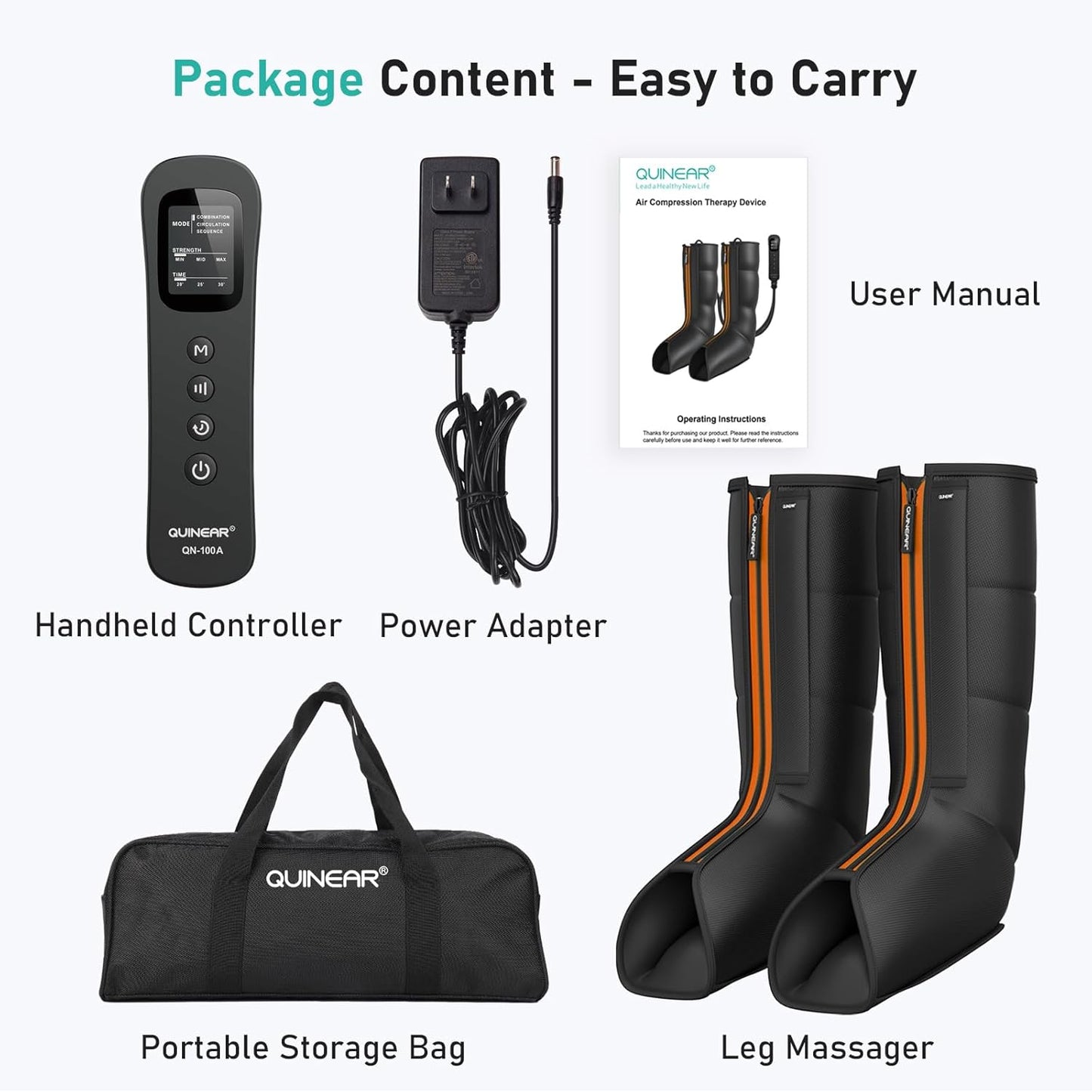QUINEAR leg massager complete kit - boots, controller, adapter, storage bag, manual