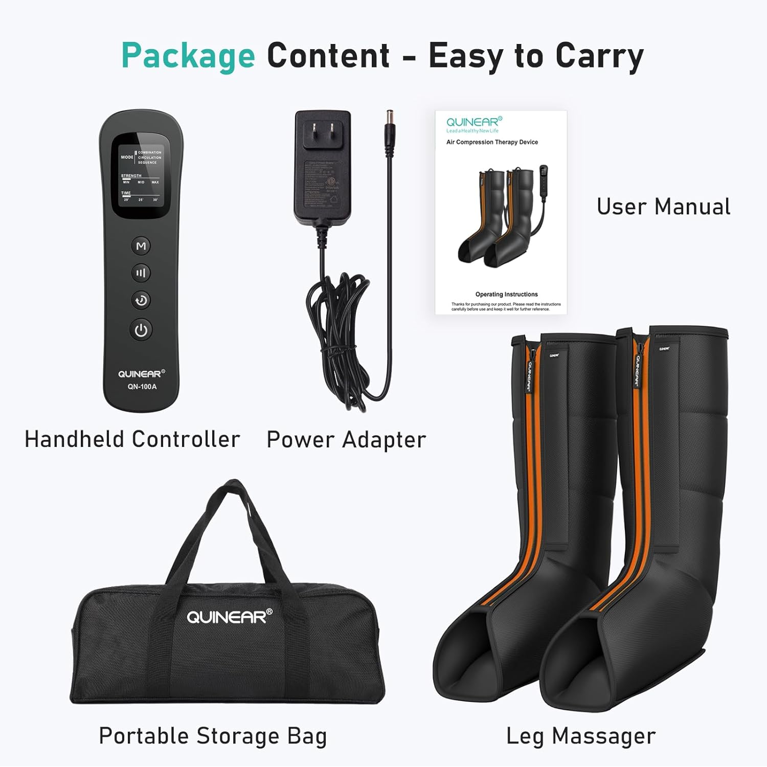 QUINEAR leg massager complete kit - boots, controller, adapter, storage bag, manual